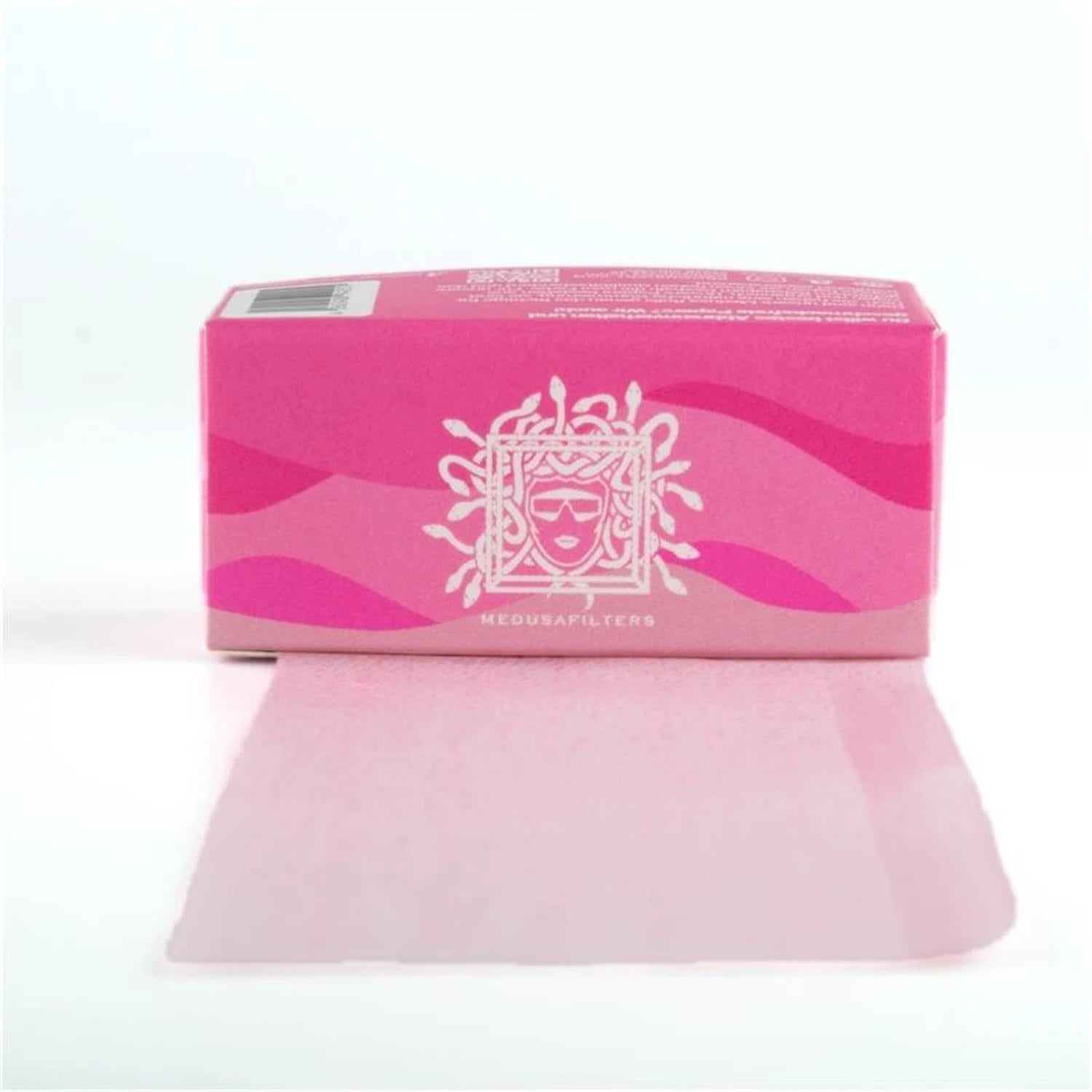 Medusa Filters Rolls & More Verpackung in Pink, Frontansicht, weißes Medusa-Logo, wellenförmiges Pink-Design, Barcode oben, rosafarbener Reflexionsschatten